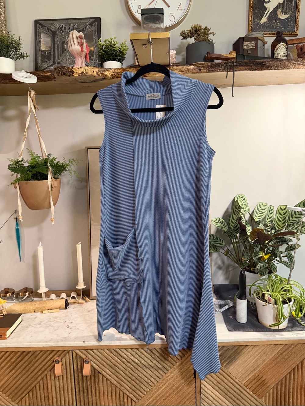 NWT Vine Street CA Boutique Sleeveless Ribbed Blue Tunic Dress with Pocket